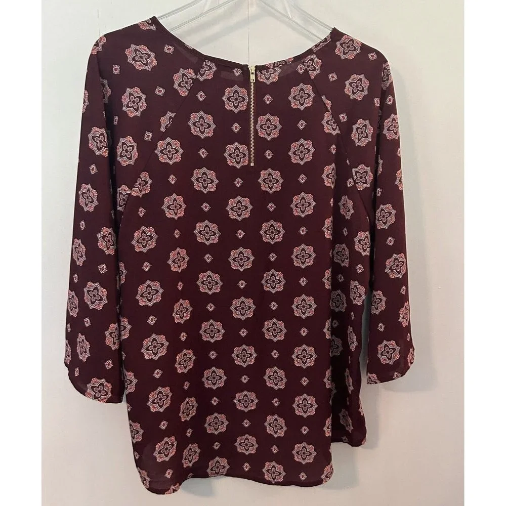 Papermoon Size M Womens Blouse Larie Crew Neck Burgundy Print Loose Sleeves -NEW - Picture 2 of 8